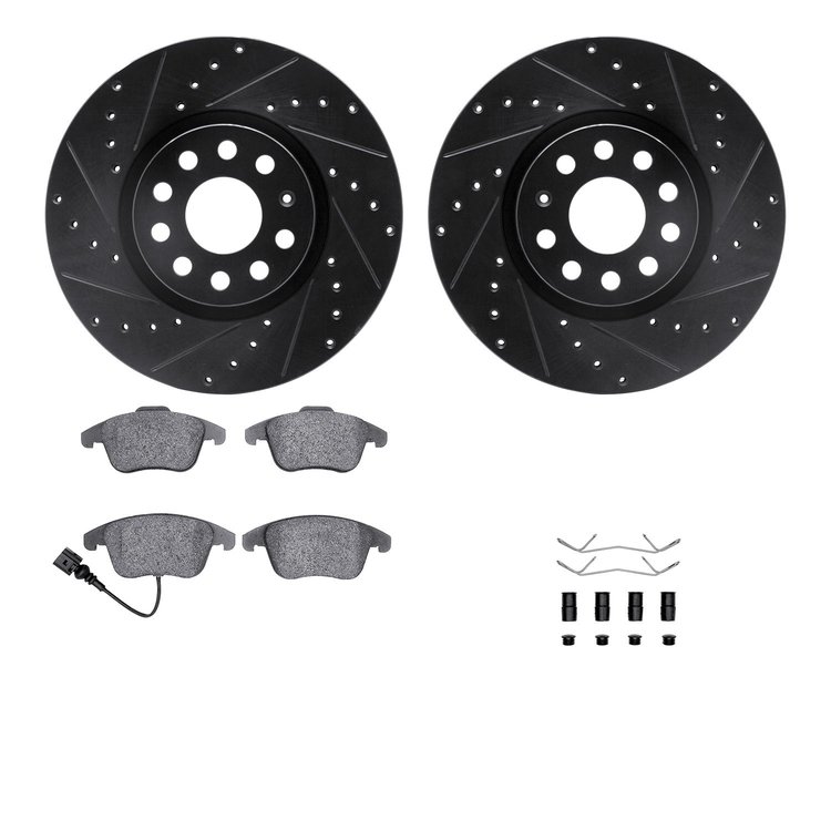 8612-74055 Drilled/Slotted Brake Rotors w/5000 Euro Ceramic Brake Pads Kit & Hardware [Black], 2009-2020 Audi/Volkswagen, Positi