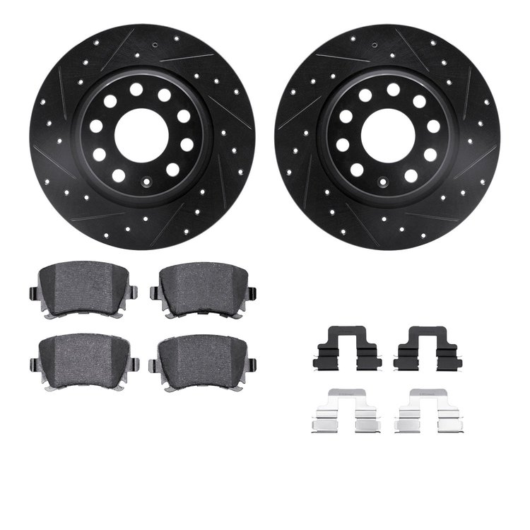 8612-74056 Drilled/Slotted Brake Rotors w/5000 Euro Ceramic Brake Pads Kit & Hardware [Black], 2005-2018 Audi/Volkswagen, Positi
