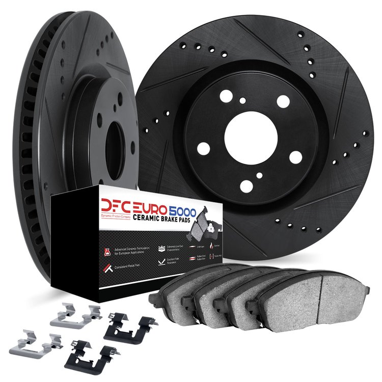 8612-74057 Drilled/Slotted Brake Rotors w/5000 Euro Ceramic Brake Pads Kit & Hardware [Black], 2011-2018 Multiple Makes/Models, 