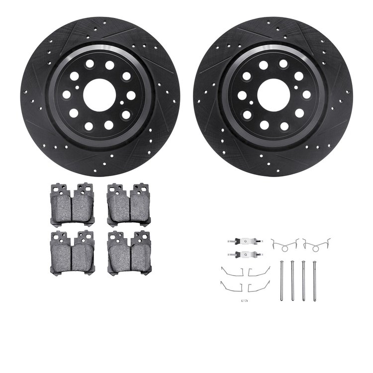 8612-75002 Drilled/Slotted Brake Rotors w/5000 Euro Ceramic Brake Pads Kit & Hardware [Black], 2007-2017 Lexus/Toyota/Scion, Pos