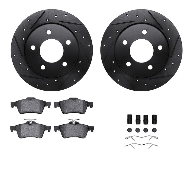 8612-80000 Drilled/Slotted Brake Rotors w/5000 Euro Ceramic Brake Pads Kit & Hardware [Black], 2004-2013 Ford/Lincoln/Mercury/Ma