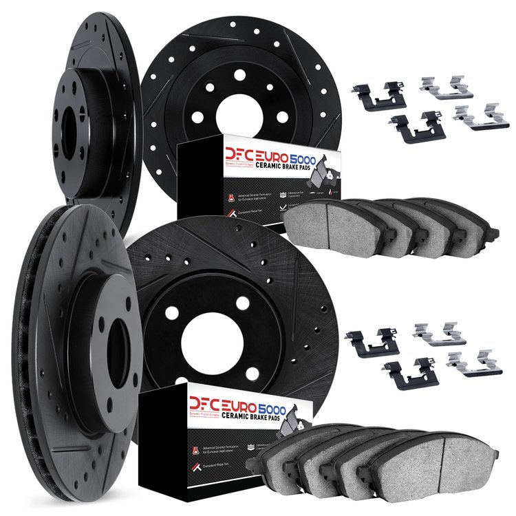 8614-07000 Drilled/Slotted Brake Rotors w/5000 Euro Ceramic Brake Pads Kit & Hardware [Black], 2012-2019 Mopar, Position: Front 