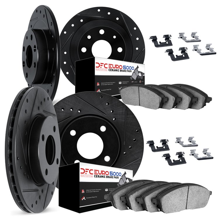 8614-07001 Drilled/Slotted Brake Rotors w/5000 Euro Ceramic Brake Pads Kit & Hardware [Black], 2013-2019 Mopar, Position: Front 