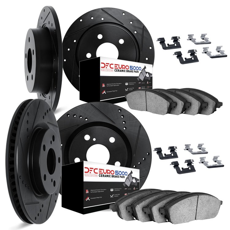 8614-11006 Drilled/Slotted Brake Rotors w/5000 Euro Ceramic Brake Pads Kit & Hardware [Black], 2016-2019 Land Rover, Position: F