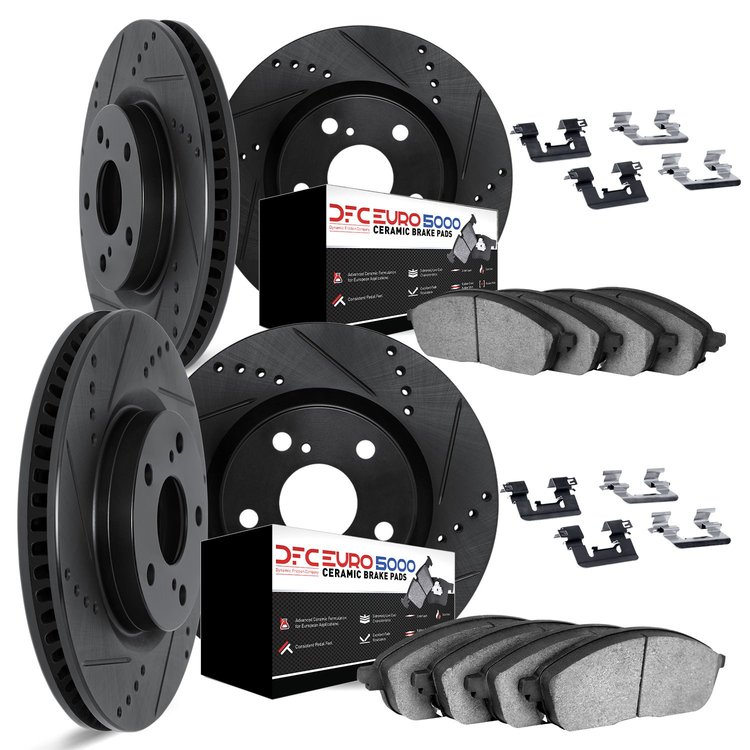 8614-20005 Drilled/Slotted Brake Rotors w/5000 Euro Ceramic Brake Pads Kit & Hardware [Black], 2017-2020 Jaguar, Position: Front