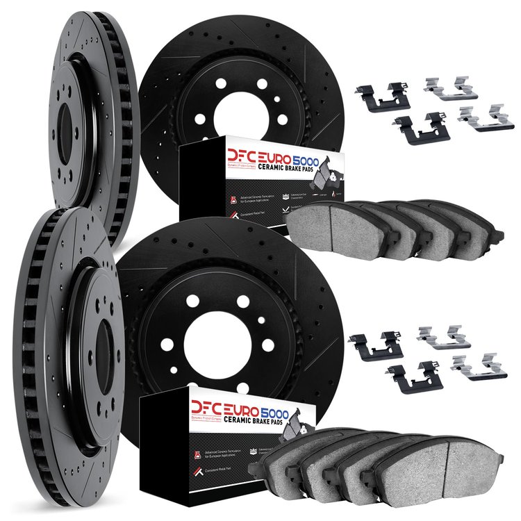 8614-46003 Drilled/Slotted Brake Rotors w/5000 Euro Ceramic Brake Pads Kit & Hardware [Black], 2004-2009 GM, Position: Front and