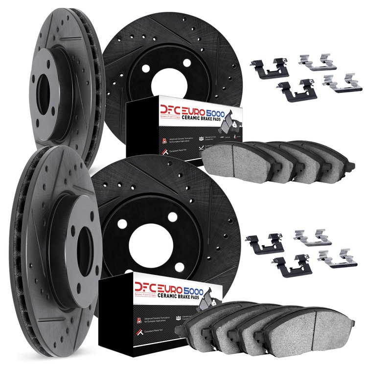 8614-56001 Drilled/Slotted Brake Rotors w/5000 Euro Ceramic Brake Pads Kit & Hardware [Black], 1998-2000 Ford/Lincoln/Mercury/Ma