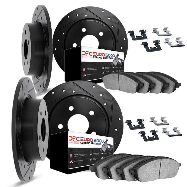 8614-63021 Drilled/Slotted Brake Rotors w/5000 Euro Ceramic Brake Pads Kit & Hardware [Black], 1973-1976 Mercedes-Benz, Position