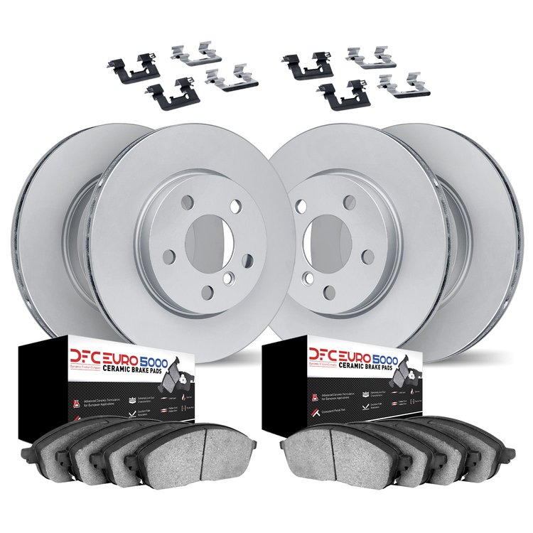 9614-12650 GEOMET Brake Rotors w/5000 Euro Ceramic Brake Pads Kit & Hardware, 2016-2020 Volvo, Position: Front and Rear