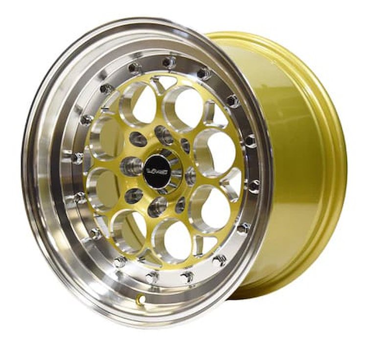 VWRE003 Revolver Wheel, Size: 15" x 8", Bolt Pattern: 4 x 100 mm & 4 x 4 1/2" (114.3 mm) [Finish: Gloss Gold Milled]