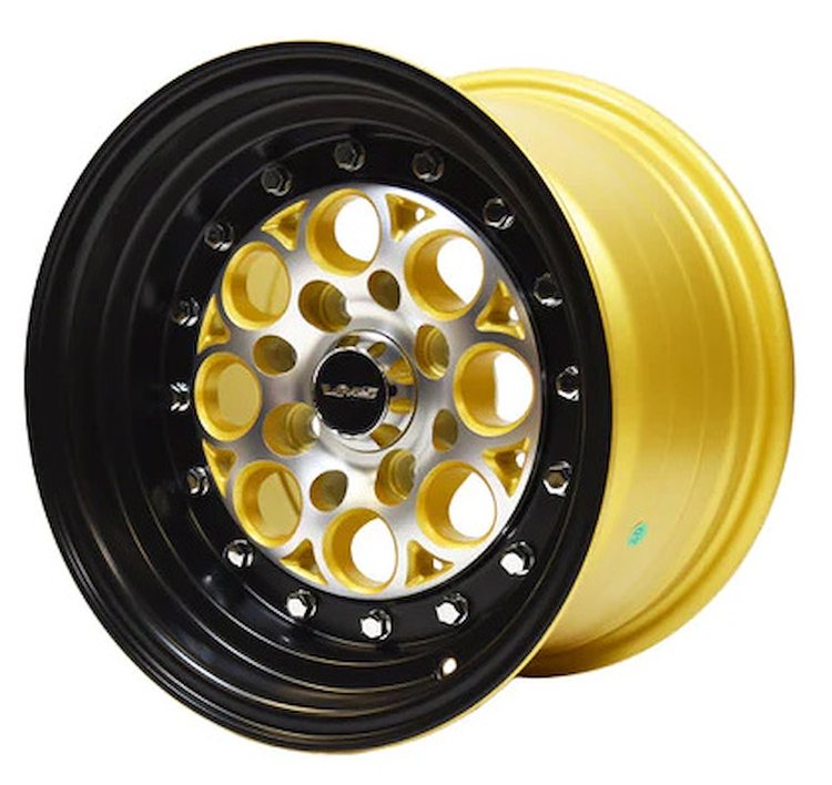VWRE005 Revolver Wheel, Size: 13" x 8", Bolt Pattern: 4 x 100 mm & 4 x 4 1/2" (114.3 mm) [Finish: Gloss Black Lip Gold Milled]