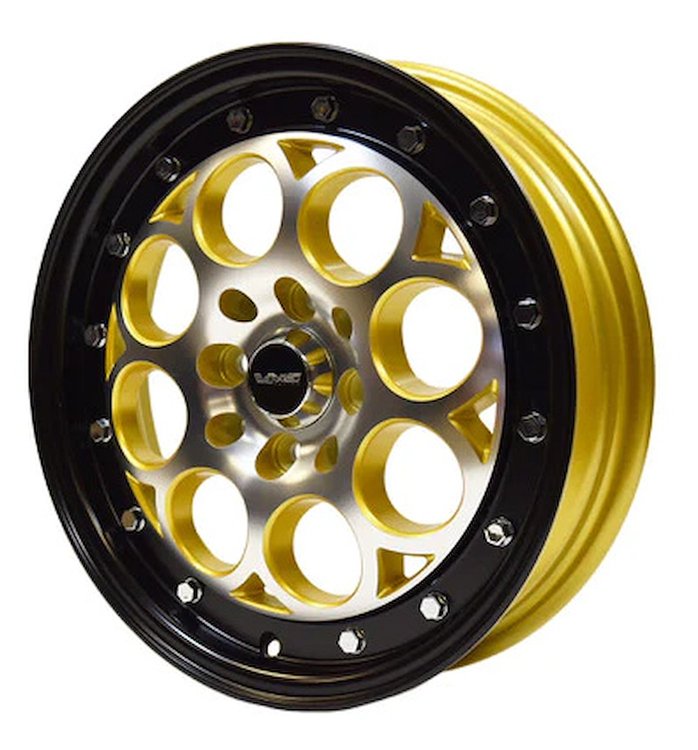 VWRE009 Revolver Wheel, Size: 15" x 3.5", Bolt Pattern: 4 x 100 mm & 4 x 4 1/2" (114.3 mm) [Finish: Gloss Black Lip Gold Milled]