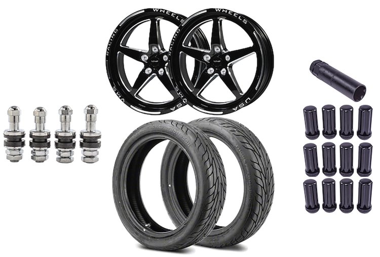 VWST014 V-Star 18x5 Front Drag Wheel and Tire Kit 5x114.3 Fits Select 2015-2024 Ford Mustang Models [Gloss Black Milled Finish]