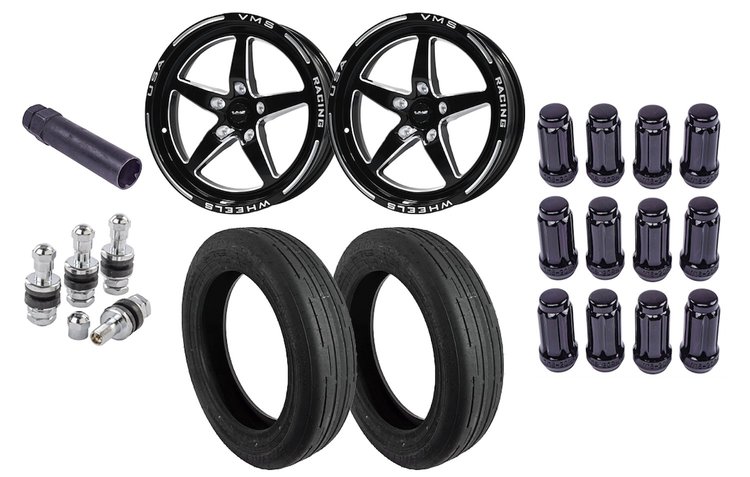 VWST025 V-Star 17x4.5 Front Drag Wheel and Tire Kit Fits Select GM Models 5x4.75 in. Bolt Pattern [Gloss Black Milled Finish]
