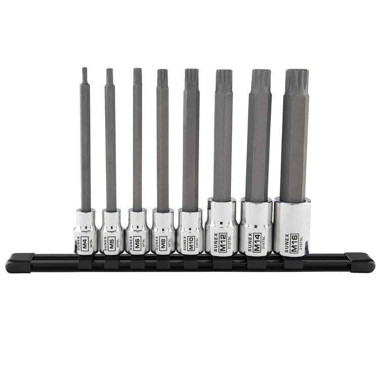 8 piece 3/8 & 1/2 in. Drive Long Triple Square Bit Socket Rail