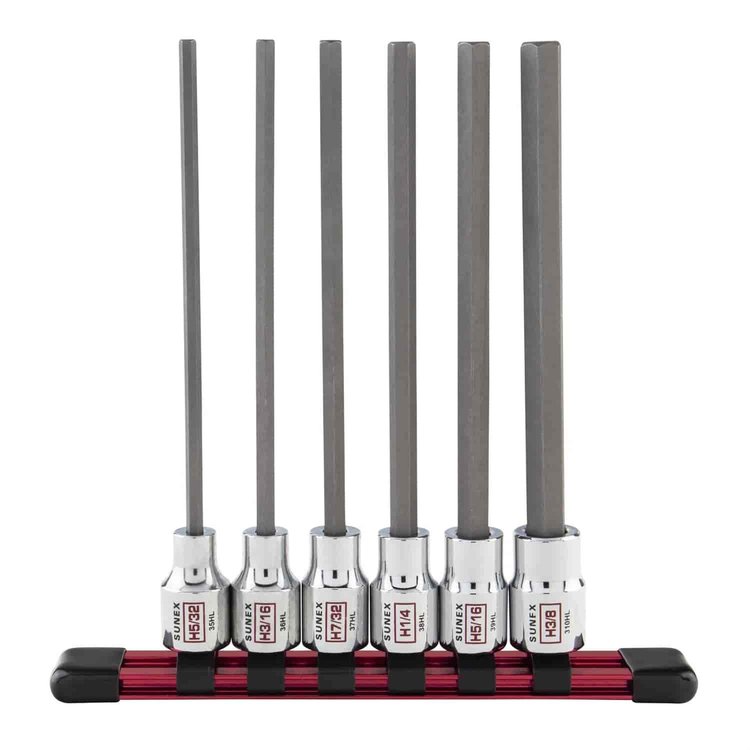 6 Piece 3/8 in. Drive Chrome Long Hex Bit Socket Rail - SAE