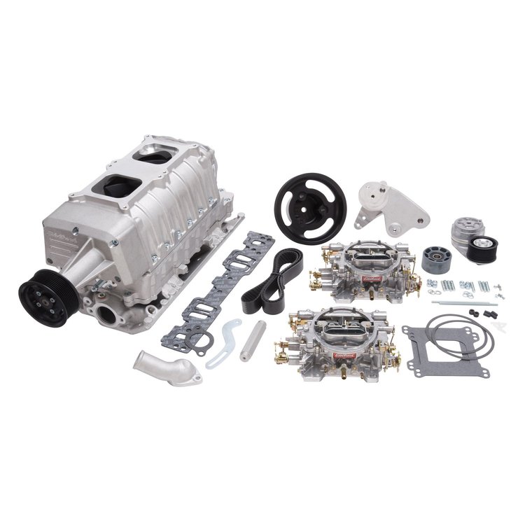 E-Force Enforcer RPM Dual Quad Satin Supercharger Kit for 1955-1986 Small Block Chevy Includes Carburetors