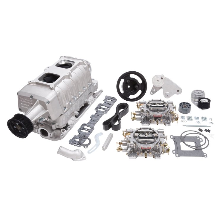 E-Force Enforcer RPM Dual Quad Satin Supercharger Kit for Small Block Chevy with Vortec Heads Includes Carburetors