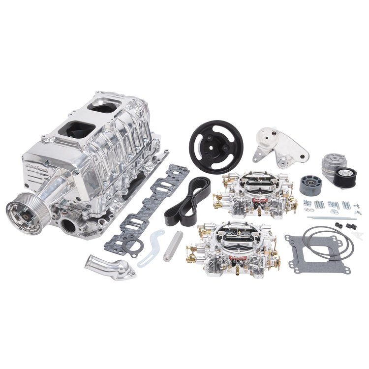 E-Force Enforcer RPM Dual Quad Polished Supercharger Kit for Small Block Chevy with Vortec Heads Includes Carburetors