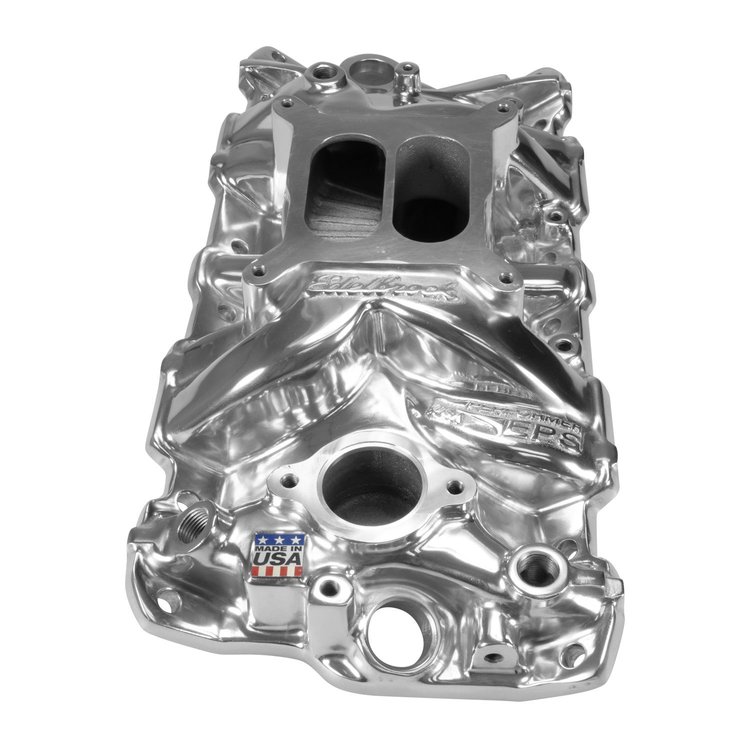 27031 Performer EPS Manifold w/Oil Fill Tube for Small-Block Chevy, Polished Finish
