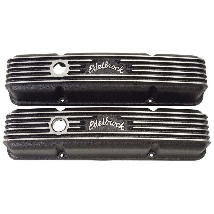Classic Finned Valve Covers for 1959-1986 Small Block Chevy 262-400 with Black Powder Coated Finish