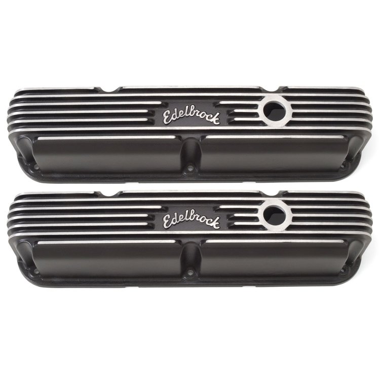 Classic Finned Valve Covers for Small Block Chrysler 318-360 LA Series with Black Powder Coated Finish