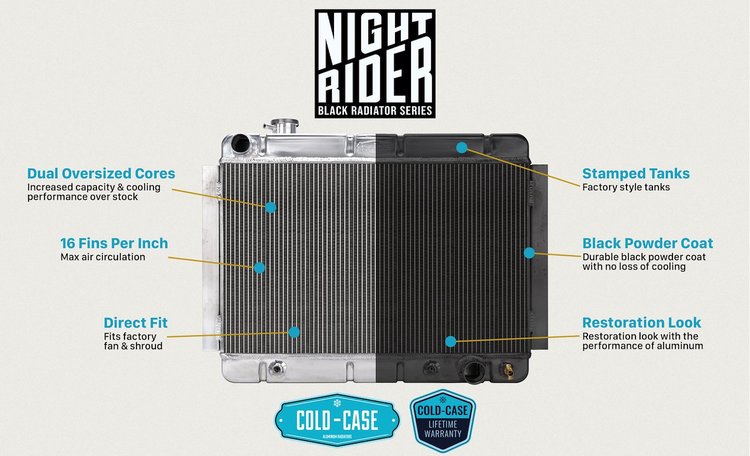 FOM564B Black Night Rider Series Aluminum Performance Radiator for 1965-1966 Ford Mustang 289, Manual Trans