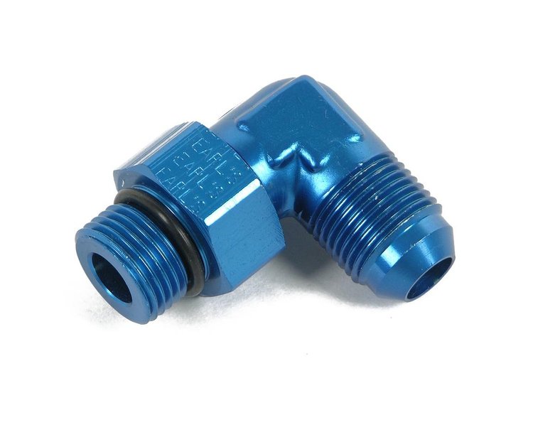 Radiused Fuel Pump & Regulator Fitting -6AN Male Flare to 3/4"-16 (-8AN O-Ring Port) Swivel