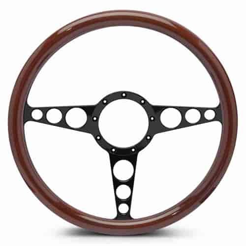15 in. Racer Steering Wheel - Black Anodized Spokes, Woodgrain Grip