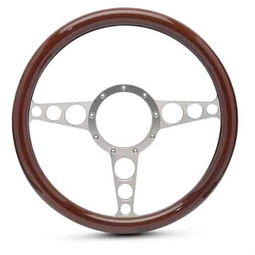15 in. Racer Steering Wheel - Clear Anodized Spokes, Woodgrain Grip