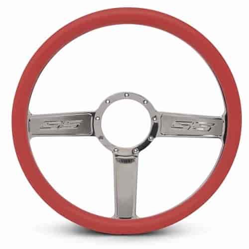 15 in. SS Logo Steering Wheel - Polished Spokes, Red Grip