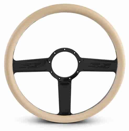 15 in. SS Logo Steering Wheel - Gloss Black Spokes, Tan Grip