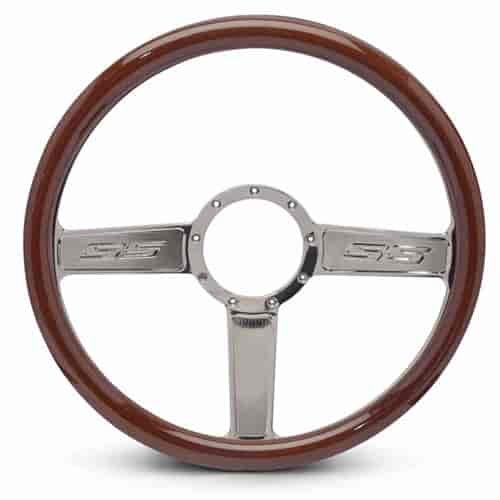 15 in. SS Logo Steering Wheel - Chrome Plated Spokes, Woodgrain Grip