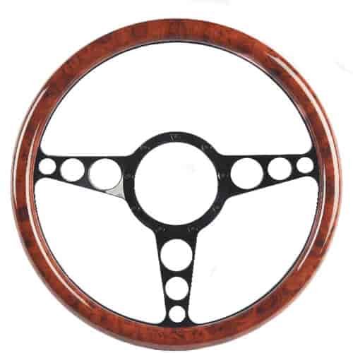 13 1/2 in. Racer Billet Steering Wheel Black Spokes Wood Grip