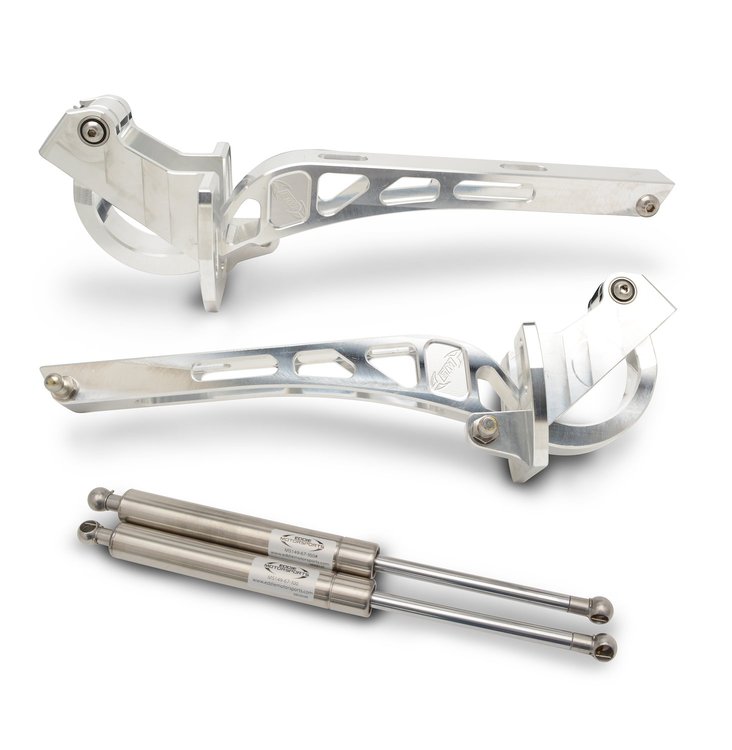 MS147-83M Billet Aluminum Kinetic Hood Hinges for 1979-1993 Ford Mustang w/Stock Steel Hood [Raw Machined Finish]