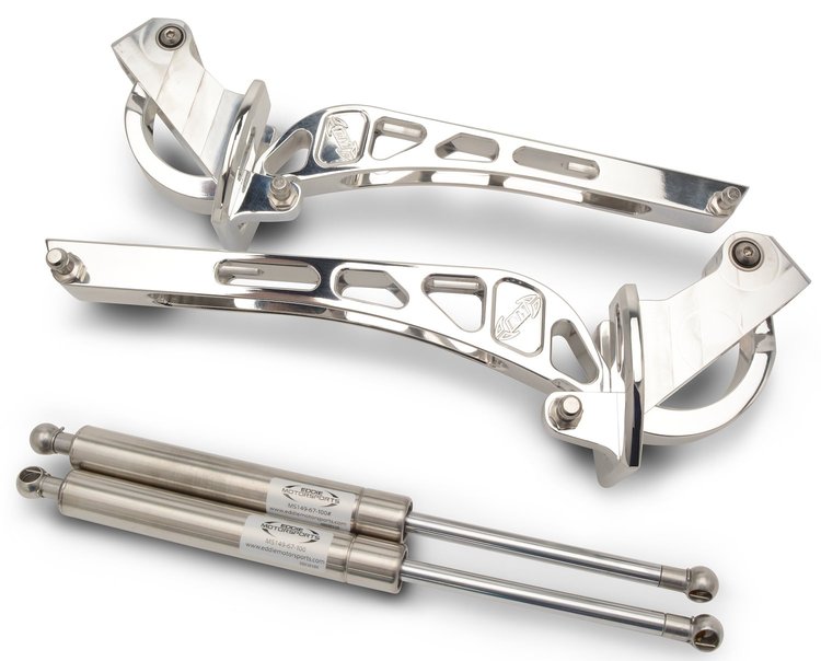 MS147-83P Billet Aluminum Kinetic Hood Hinges for 1979-1993 Ford Mustang w/Stock Steel Hood [Bright Polished Finish]