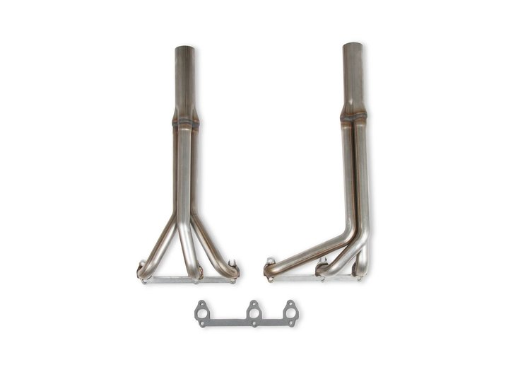 11585FLT Upright Derby-Style Headers for GM 2.8, 3.1, 3.4L V6 Engines w/Round Exhaust Ports [409 Stainless Steel]