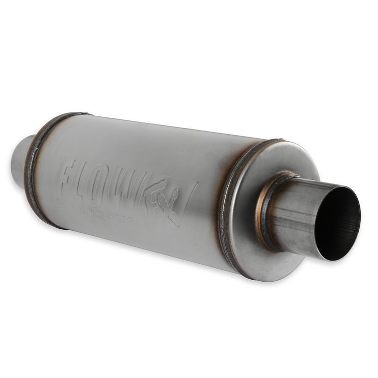 72619 Flow FX Muffler; 3.0 In/Out - 6 in. Round Body - Moderate Sound - Stainless Steel