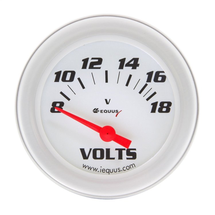 E8268 Voltmeter Gauge [2 in., 8-18V, 90 Degree Sweep, Electric, White, Silver, 8000 Series]