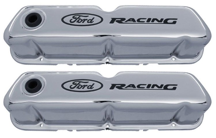 Stamped Steel Tall Valve Covers for Small Block Ford 289-302-351W in Chrome Finish with Black Ford Racing Emblem