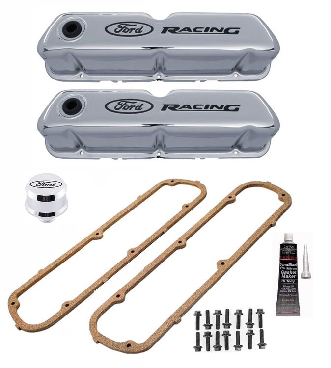 302-071 Stamped Steel Tall Valve Covers for Small Block Ford 289, 302, 351W Chrome Finish w/Black Ford Racing Emblem