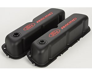 Stamped Steel Tall Valve Covers for Small Block Ford 289-302-351W in Black Crinkle Finish with Red Ford Racing Emblem