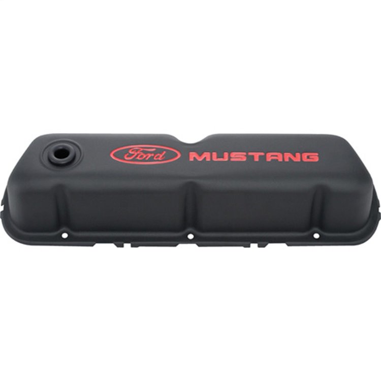 Stamped Steel Tall Valve Covers for Small Block Ford 289-302-351W in Black Crinkle Finish with Red Ford Mustang Emblem