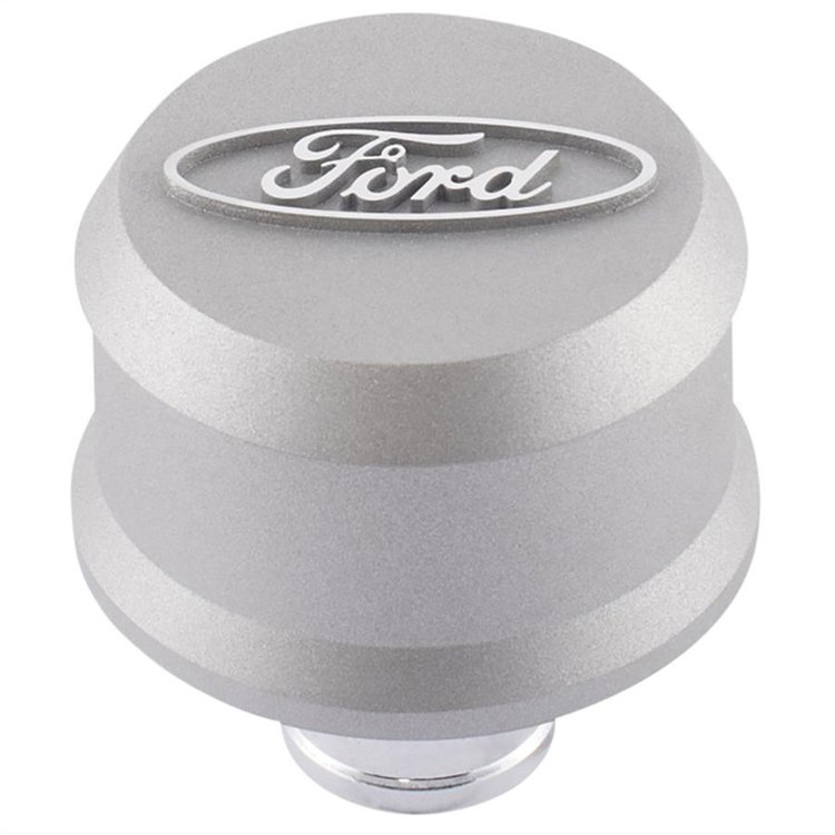 Push-In Aluminum Valve Cover Air Breather Cap with Raised & Machined Oval Ford Emblem in Cast Gray Crinkle Finish