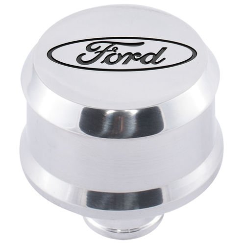 Push-In Aluminum Valve Cover Air Breather Cap with Recessed Black Oval Ford Emblem in Polished Finish