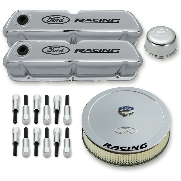 Ford Racing Dress-Up Kit for Small Block Ford 289-302-351W in Chrome Finish with Black Emblems