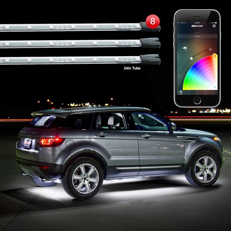 KS-CAR-STANDARD 8 x 24 in. Slim Tube Million Color Undercar Kit, XCHROME Smartphone App Control, Universal Fit