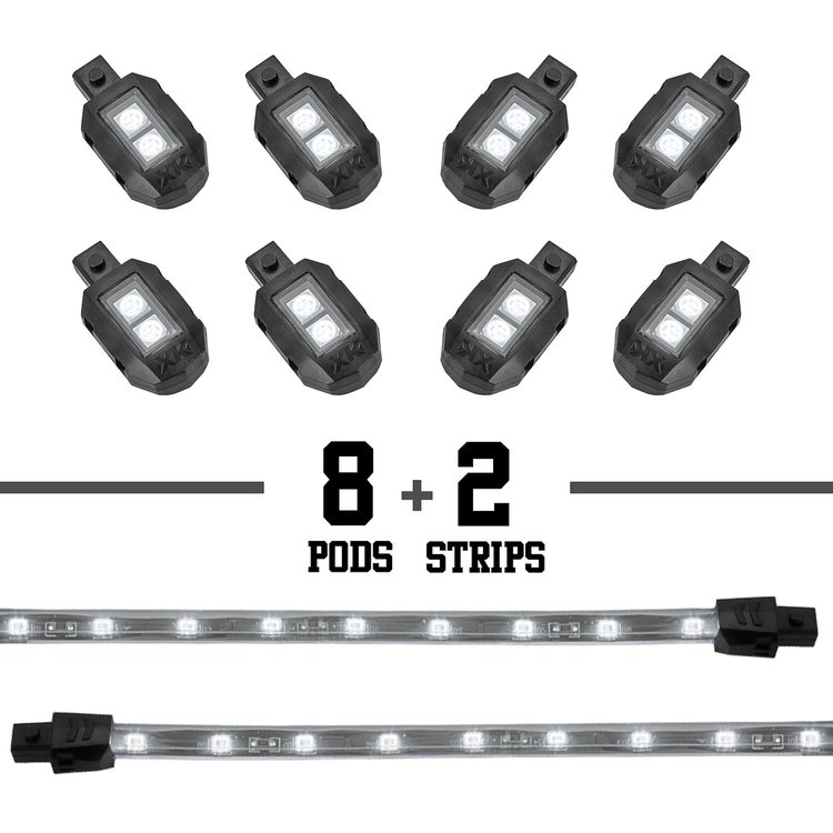 XK034001-W 8 x Pod + 2 x 8 in. XKGLOW LED Accent Light Strips Motorcycle Kit, Single-Color White, Universal Fit