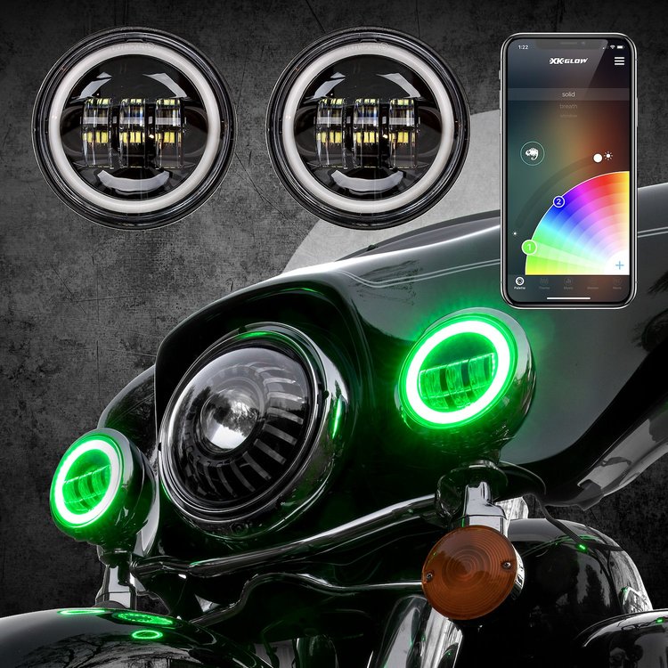 XK042011-B 4.5 in. Black RGB LED Running Light Kit, for Harley Motorcycle, w/ XKCHROME Bluetooth App Control, Universal Fit