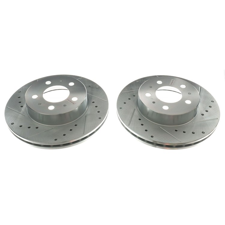 Power Stop drilled and slotted rotors give you the advantages of both drilled holes for cooling and